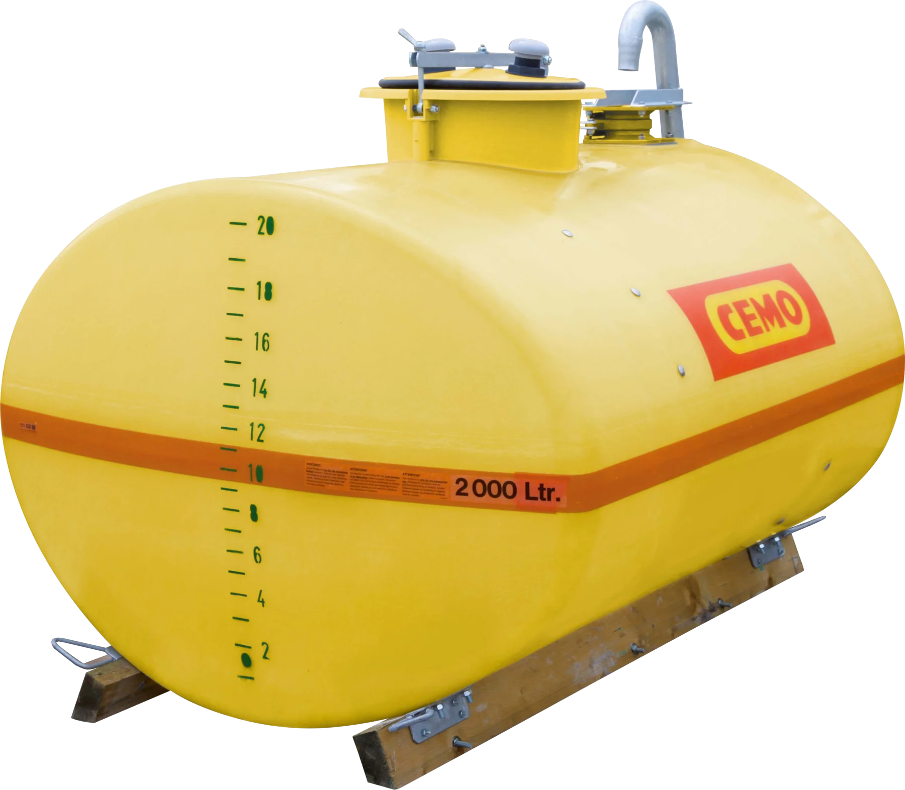 CEMO GRP oval drum with baffles, 2000 L, yellow, with lockable lid, dome centre: 420 mm, wooden runners